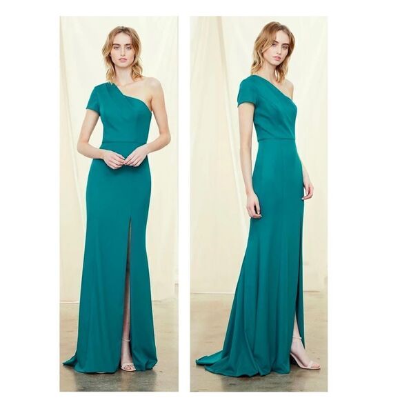 Amsale Nadia One Shoulder Cap Sleeve Crepe Gown Dress BNWT - Picture 2 of 7